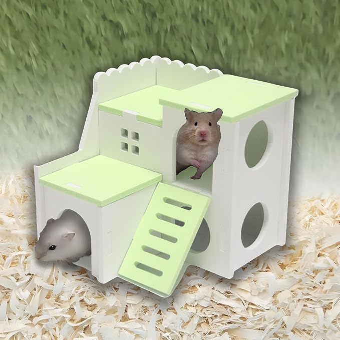 Green Large 6.3-inch Cozy Wooden Adventure Cottage - Hideout with Climbing Ladder for Hamsters & Gerbils (for Small Pets) Rodents