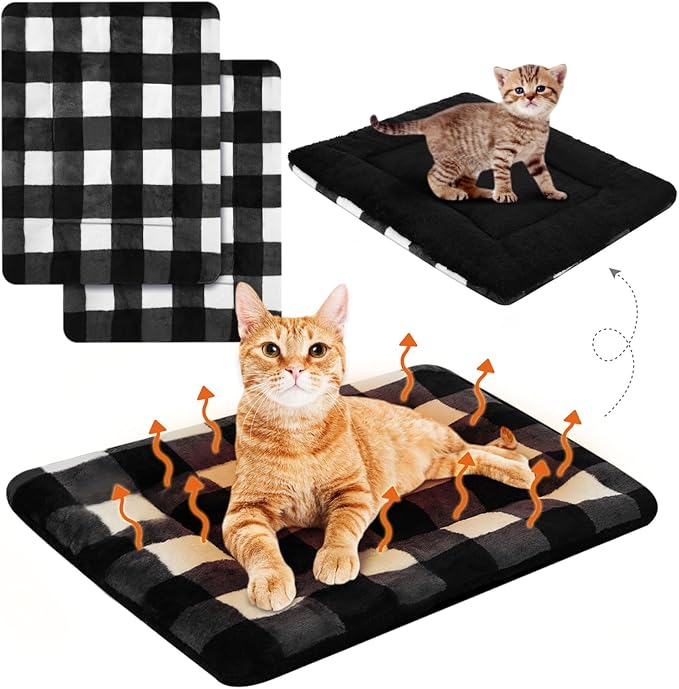 2 Pack Self Warming Cat Mat Self Heating Pad Bed Reversible Machine Washable Reflects Body Heat Warm Thermal Pet Pad Crate Blanket for Feral and Indoor Cat (Black, White,22'' X 18'',Plaid)
