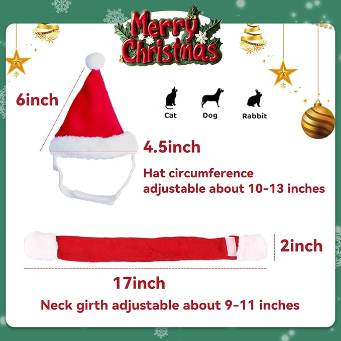 Cat Christmas Costume with Santa Hat and Scarf Cat Xmas Outfit for Kitten/Puppies/Home Christmas Decoration