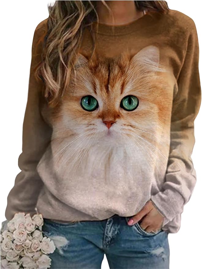 IVERIRMIN Women's 3D Cute Cat Print Sweatshirt Casual Long Sleeve Crewneck Cute Cat Pullover Loose Fit Shirts