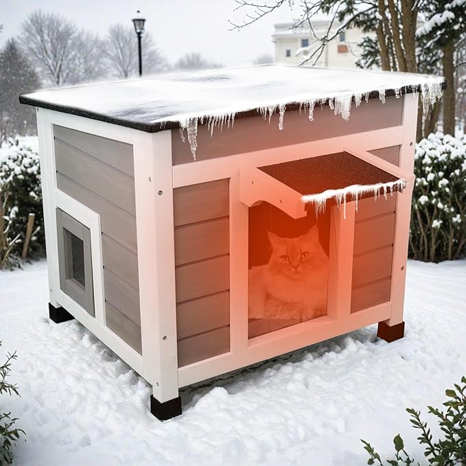 Insulated Cat House Weatherproof Outdoor/Indoor Shelter with Openable Asphalt Roof for Feral Cats & Small Pets