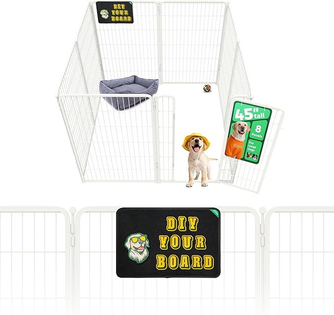 FXW Homeplus Unleashed Indoor Dog Playpen - Stress-Free and Safe Play, Heavy Duty 45 Inch 8 Panels with Magnetic Hook & Loop Patch Board for Large Dogs, White│Patented