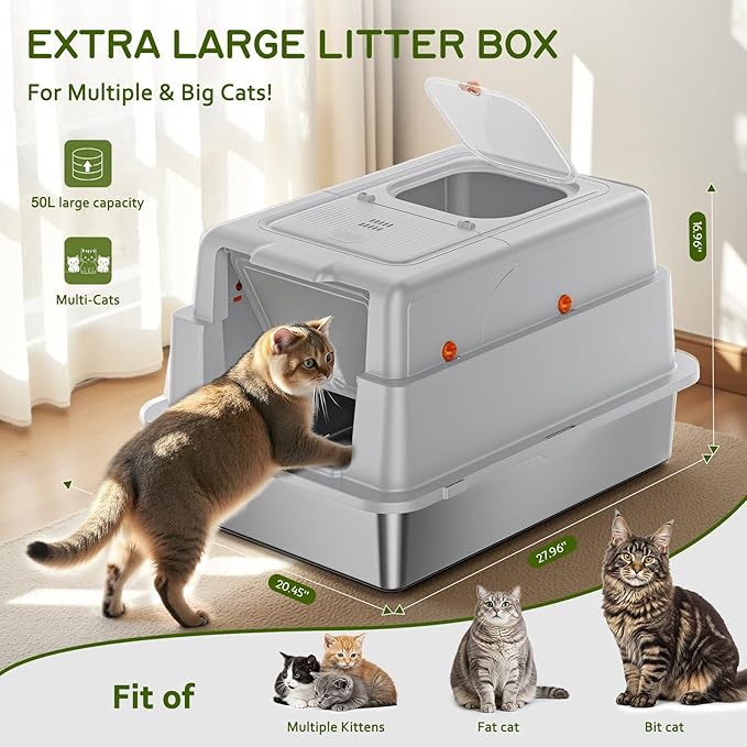 Stainless Steel Litter Box with Lid, 28" XXXL Large Enclosed Covered Cat Litter Box for Multiple Cats, Odor Control with Carbon Filters, Anti-Leak High Sided, Removable Lid &Scoop, Light Gray