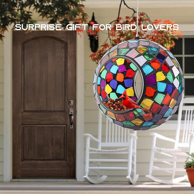 Yinns Mosaic Bird Feeder, Hanging Glass Birds Feeder, Fly Through Bird Feeder with Oval Stained Glass, Outdoor Garden Decor, 6.5 inch Purple