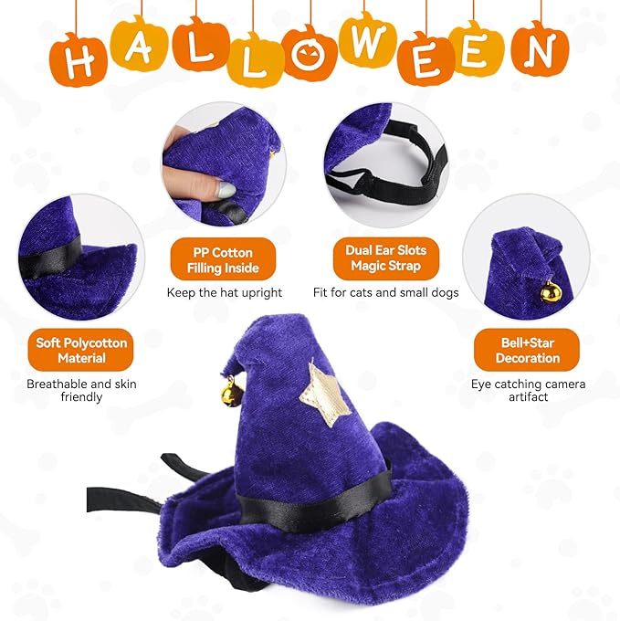 LESYPET Cat Costume Hat, Cat Wizard Hat with Bell, Dog Halloween Costume for Halloween, Christmas, Party