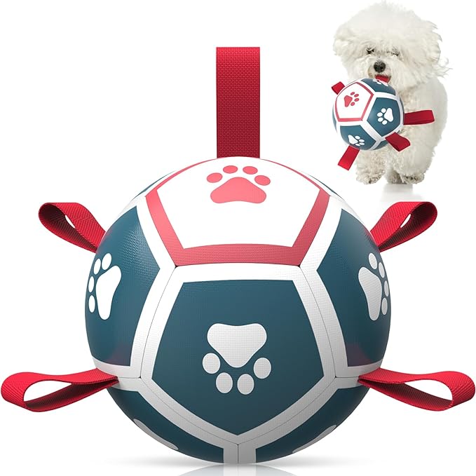 QDAN Dog Toys Soccer Ball with Straps, Outdoor Toys for Tug of War, Puppy Birthday Gifts, Dog Water Toy, Durable Balls for Small Dogs - Blue Red（5 Inch）