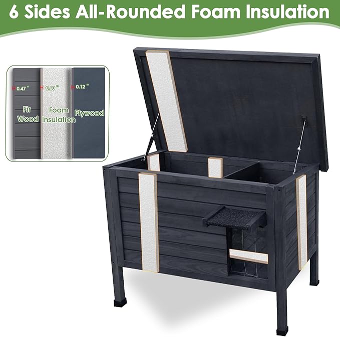 Outdoor Insulated Cat House for Stray Cats Weatherproof Shelter with Openable Asphalt Roof and Escape Door
