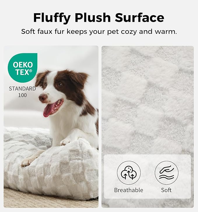 MADE 4 PETS Cat and Dog Indoor Couch Bed, Soft Faux Fur Checkered Pet Sofa, Cozy Fluffy Pet Sofa with Supportive Foam, Removable Washable Cover with Non-Slip Base, White, Medium