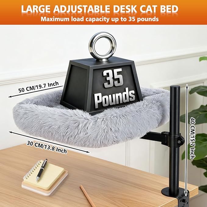Large Cat Desk Bed - 360°Rotating Height Adjustable, Soft Removable Cat Hammock Bed, Suitable for Gaming Desks and Office Desks, Maximum Weight Capacity Up to 35 lbs