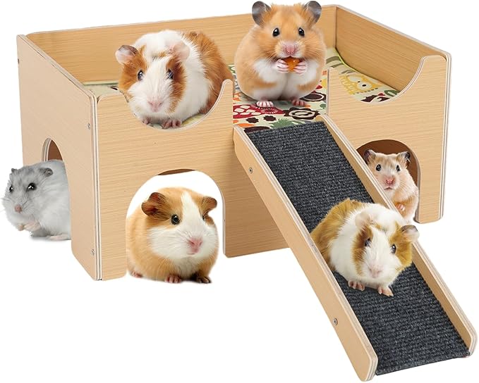 AQQHSAIN Guinea Pig Hideout Castle Sturdy Wooden Hamster Castle Detachable Guinea Pig Hideout House with Ramp and Cushion Small Animal House Hut Habitats for Chinchillas Playing Hiding (Single Layer)