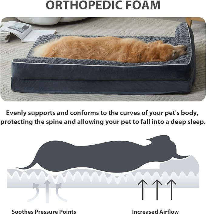 BFPETHOME Extra Large Orthopedic Dog Bed, L-Shaped Pet Bed for Dogs up to 100 lbs, Waterproof, Removable Washable Cover, Non-Slip Base, 48 x 35 x 7.5 inches, Dark Grey