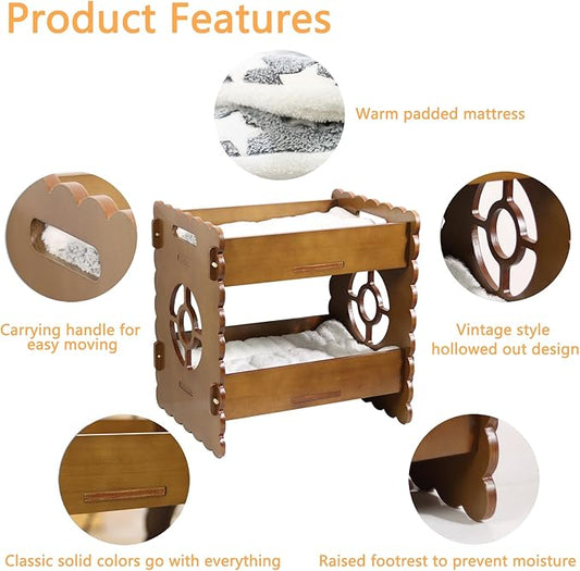 Wooden Cat Bed,Elevated Cat Bed Furniture,Cat Bunk Beds for 2 Indoor Cats,Wood Cat Condo with Mattress,Protect Cat's Hip Joint,All Seasons,Sturdy and Durable(19.7"x15"x19.2",Brown)