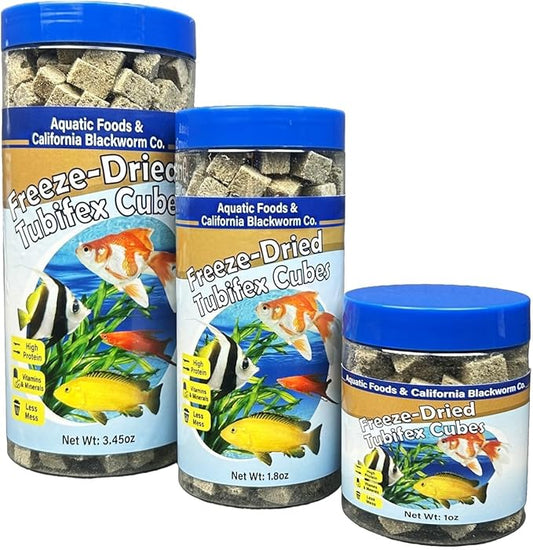 Aquatic Foods Inc. Tubifex Worms, Freeze Dried Tubifex Worm Cubes for Cichlids, Discus, Goldfish, Bettas, Marine Fish, All Tropical Fish, 12-Type Pellet Mix, 4-Type Wafer Mix Included..3.45oz Canister