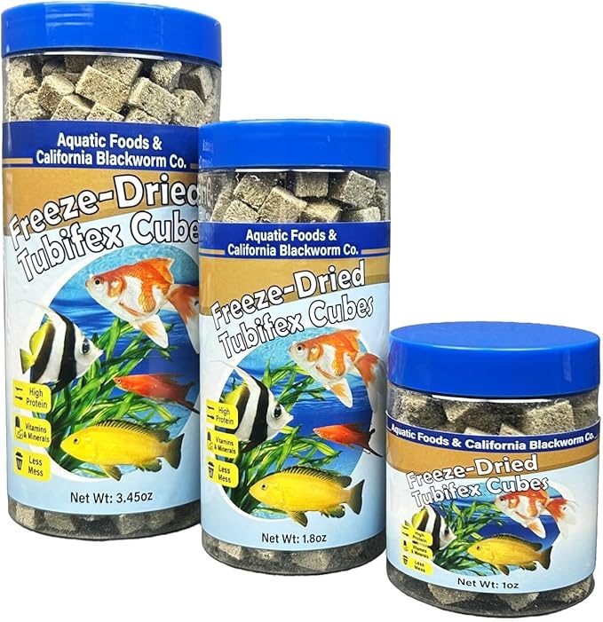 Aquatic Foods Inc. Tubifex Worms, Freeze Dried Tubifex Worm Cubes for Cichlids, Discus, Goldfish, Bettas, Marine Fish, All Tropical Fish, 12-Type Pellet Mix, 4-Type Wafer Mix Included...1oz Canister
