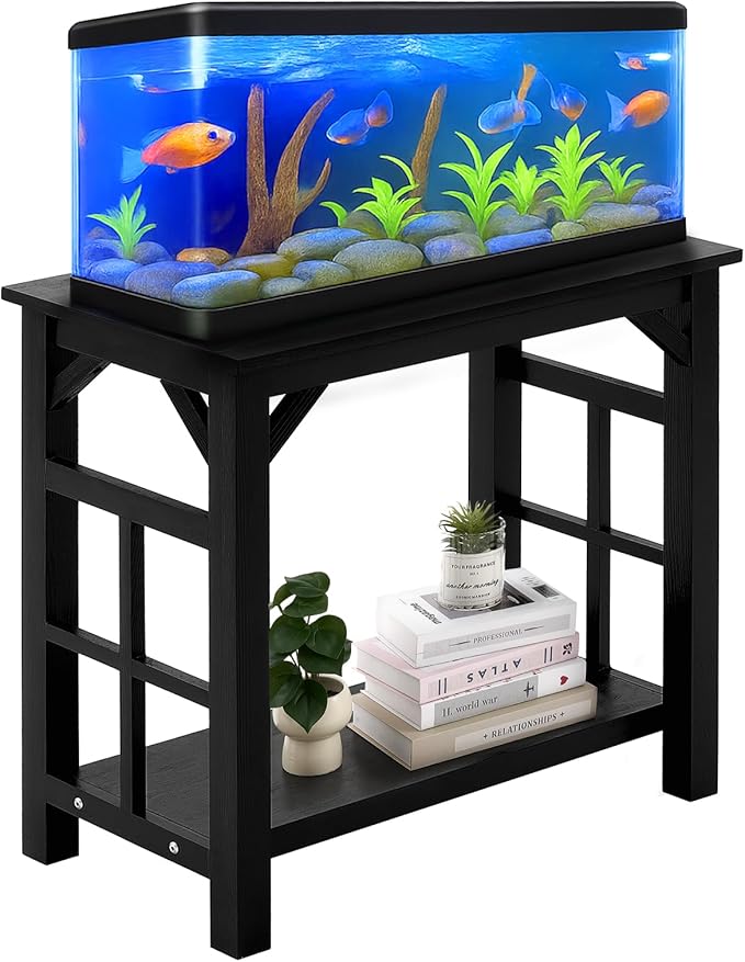 Solid Wood 10-20 Gallon Fish Tank Stand Heavy Duty Aquarium Terrarium Stand for Home Office Fish Tank Shelf Table, Black, 25.5 x 14 x 24.4 Inch
