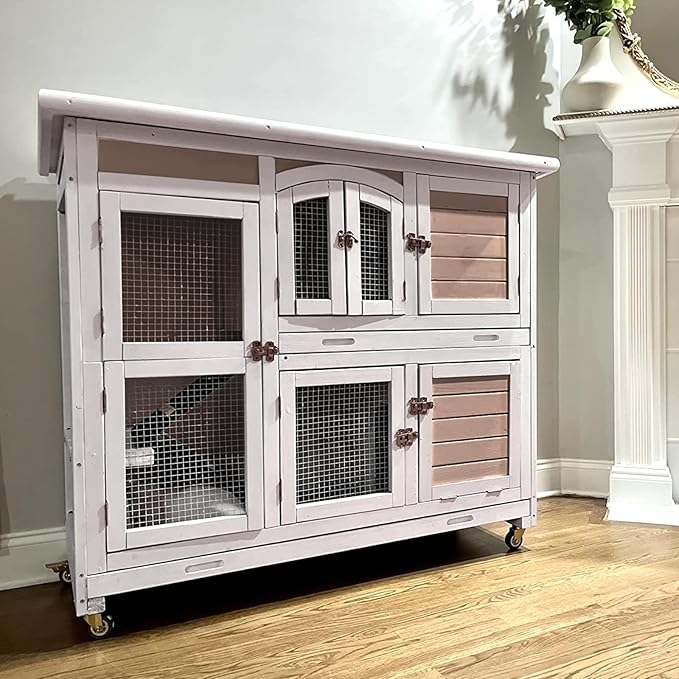 GUTINNEEN Rabbit Hutch Indoor and Outdoor Bunny Cage with Wheels Hamster House Guinea Pig Cages for Small to Medium Animals Waterproof Leakproof Tray
