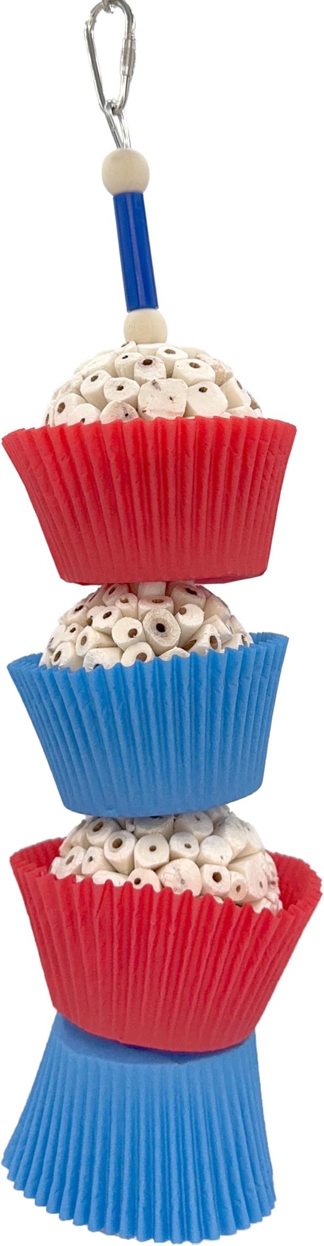 1932 American Sola Cake Stack Bird Toy with Sola Wood Paper Cups Beads and Bell for Chewing Fun, Handcrafted for Conures Quakers and Other Medium Pet Birds