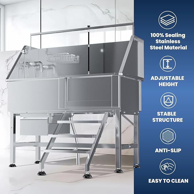 Dog Washing Station for Home,Professional 46" Stainless Steel Dog Bathing Station Height Adjustable Dog Wash Station Dog Grooming Tub Stair, Drawer, Floor Grate & Fauct (Right Stair)