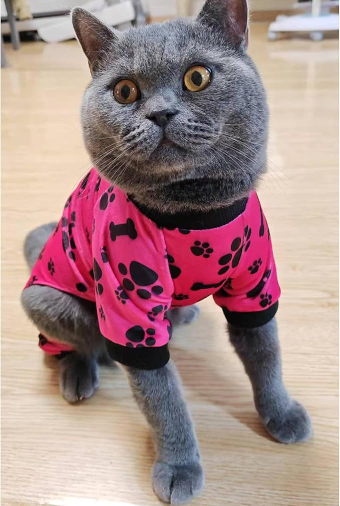 PET SHOW 4 Pack Small Dog Pajamas Paw Bone Patterns Cute Clothes for Medium Dogs Soft Fleece Stretchy PJs 4 Legged Jumpsuit Puppy Cats Onesies Outfits with Sleeve Dachshund Doggies Girl Boy (XX-Large)
