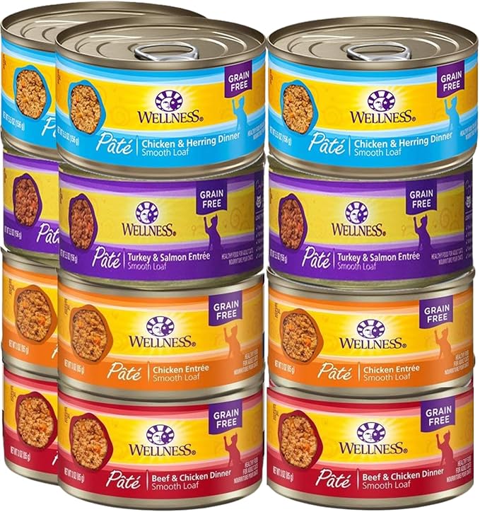 Wellness Natural Premium Canned Cat Wet Food Pate - 12 Pack Cans Variety Bundle Pack 4 Flavor - (Chicken,Beef, Salmon & Turkey) W/ HS Pet Food Bowl - (3 Ounce)