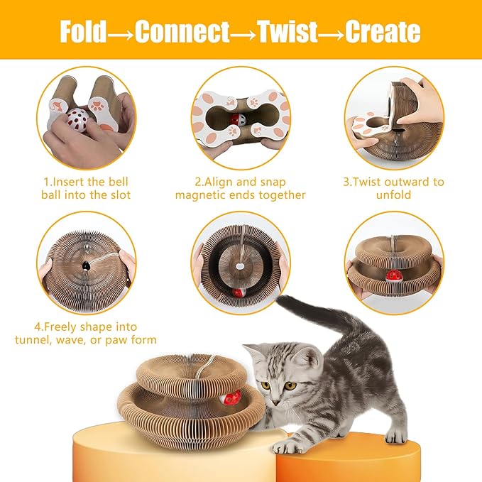 2 PCS Kitty Curls Cat Scratcher, Foldable Magnetic Cat Toy Scratching Board with Bell Balls, Reversible Corrugated Cardboard for Claw Care and Furniture Protection