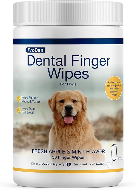 ProDen Dog Teeth Cleaning Wipes - Dog Plaque and Tartar Remover for Fresh Breath and Cleaner Gums - Pet Dental Finger Wipes for Easy, Convenient Oral Care - Fresh Apple & Mint Flavor (50 ct)