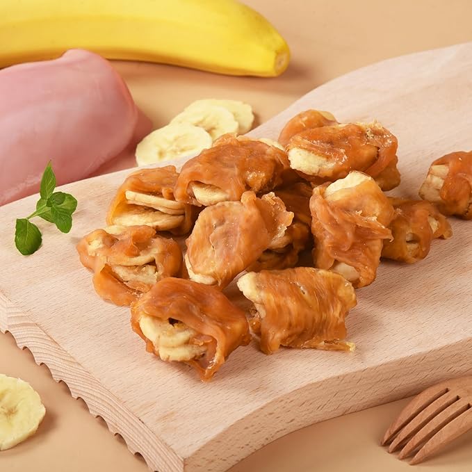 Dog Treats Chicken Wrapped Banana Slices with 1% Taurine, Healthy Training Snacks Rich in Natural Fiber, Rawhide-Free Grain-Free Soft Chews for Small Medium Dogs, 10.6 oz