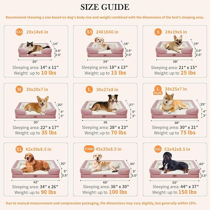 Comfort Expression Waterproof Orthopedic Foam Dog Beds Extra Large Dogs, XL Dog Bed with Bolster, Washable Pet Sofa Couch with Removable Cover & Non-Slip Bottom(X-Large,Pink)