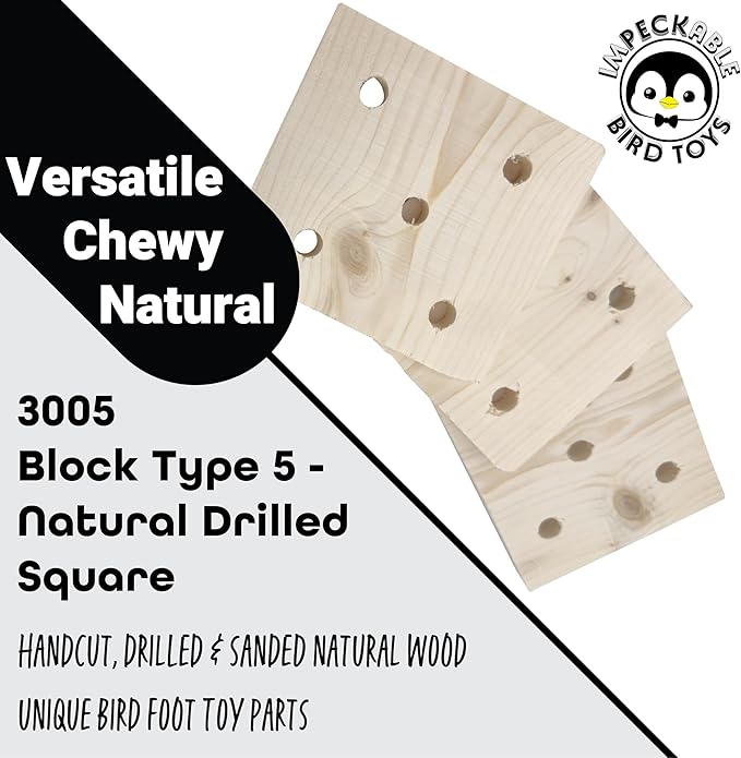 3005 Block Type 5 Natural Drilled Square 3 Pack Wood Chew Parrot Toys For Birds African Grey Cockatoos Macaws Cages Foraging Play Cage Wood Parts Wooden Blocks hand-crafted In USA