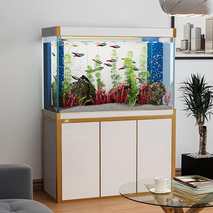 175 Gallon Aquarium Fish Tank with Upright Fishtank Stand Water Pump Freshwater Filter LED Bundle and Straight Corners Clear Glass - White with Gold Trims