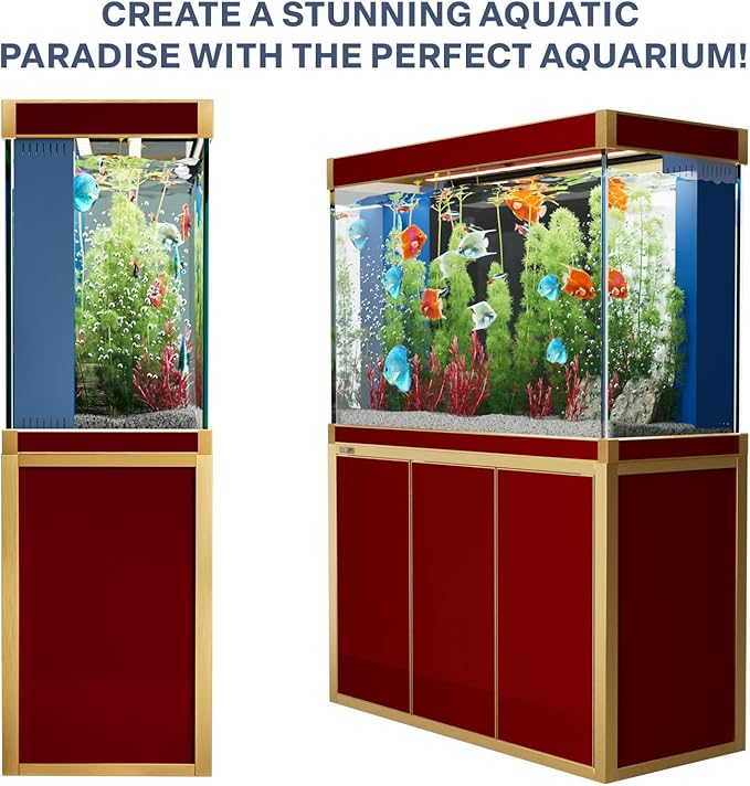 135 Gallon Aquarium Fish Tank with Upright Fishtank Stand Water Pump Freshwater Filter LED Bundle and Straight Corners Clear Glass - Red with Gold Trims