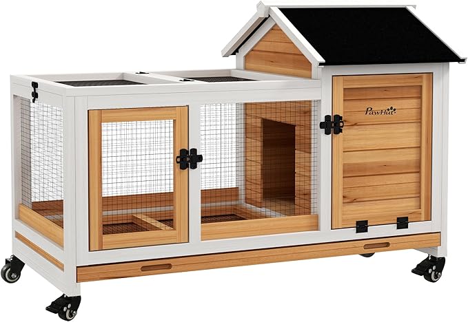 PawHut Indoor Outdoor Wooden Rabbit Hutch with Wheels, Large Bunny Hutch with Run & Slide-Out Tray for Small Animals, Guinea Pig, Yellow