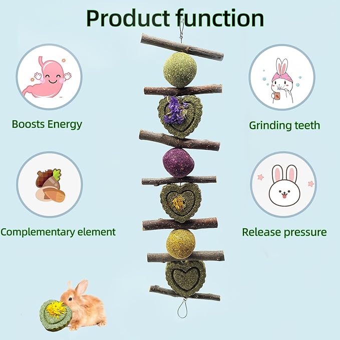 3Pcs Bunny Chew Toys for Teeth Grinding Bunny Hanging Natural Apple Twigs Timothy Hay Grass Cakes Multiple-Grass Ball for Rabbits Guinea Pigs Chinchillas Gerbils Hamsters Improves Dental Health