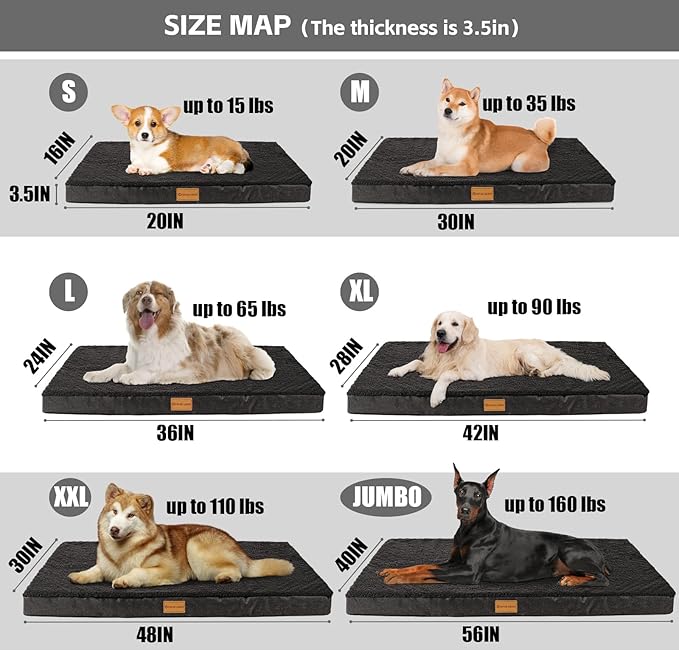 Patas Lague Orthopedic Jumbo Dog Bed for Large Sized Dog 56''X40'', Soft Waterproof Egg Crate Foam Large Pet Crate Beds Mat with Removable Washable Cover and Non-Slip Bottom, Black