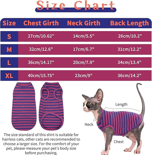 BRKURLEG Sphynx Hairless Cats Shirt Puppy Clothes Soft Cotton T-Shirts Cute Cats Pajamas Cat Stripes Vest Pet Sweater, Round Collar Vest Kitten Shirts(PinkBlue Stripes, M)