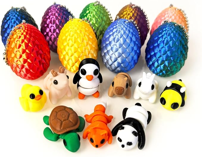 Mini 3D Printed Dragon Egg and 3D Printed Animals，Resin Figurines，Animal Miniature Figurines，Mini Egg Fillers，Teen Carnival Prizes (9pcs Set)