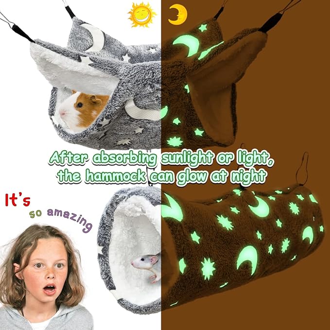 Luminous Noctilucent Glow Guinea Pig Rat Hammock Tunnel, Ferret Hanging Bunk Bed, Rat Ferret Guinea Pig Hideout and Soft Bed for Small Animals (4.Moon Tunnel and Mat)