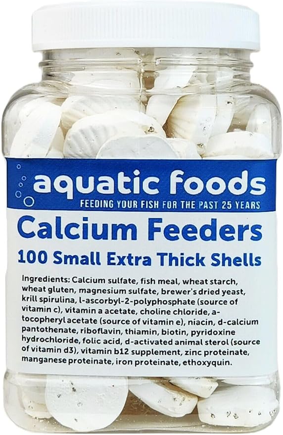 Aquatic Foods Inc. Calcium Feeder Small Shells. Extra Thick Shells for Shrimp, Snails, Crabs, Crayfish, Hermit Crabs and All Tropical Fish…100 Count Jar