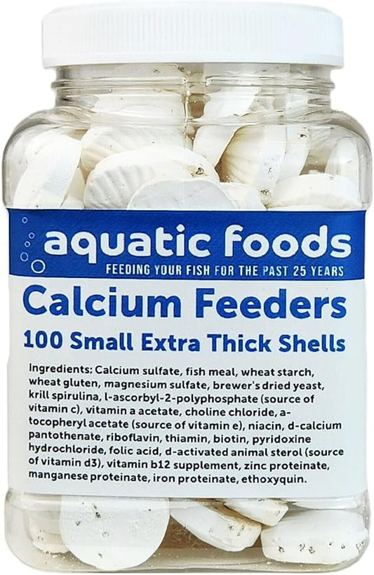 Aquatic Foods Inc. Calcium Feeder Small Shells. Extra Thick Shells for Shrimp, Snails, Crabs, Crayfish, Hermit Crabs and All Tropical Fish…100 Count Jar