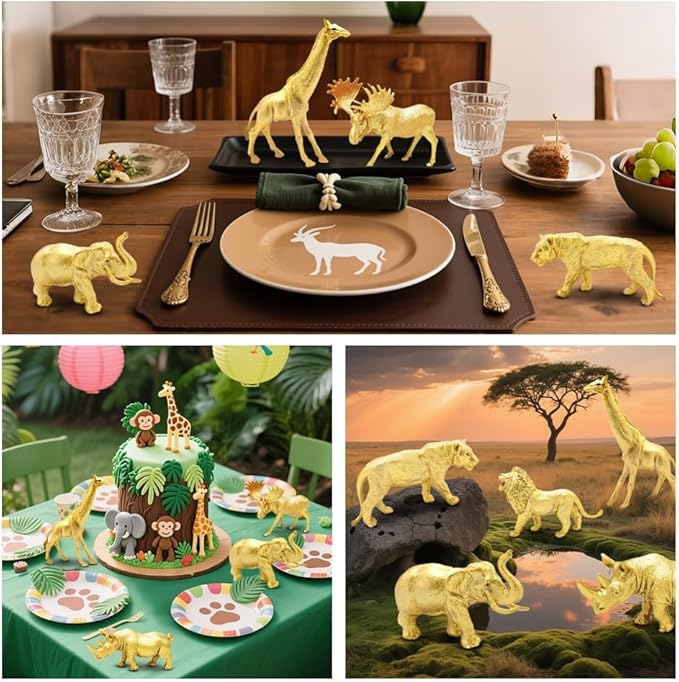 Metallic Gold Plastic Animal Figurines Toys, 12PCS Golden Safari Zoo Animal Figures, Jungle Wild Animals with Elephant, Lion, Giraffe for Baby Shower Decor, Safari Themed Birthday Party