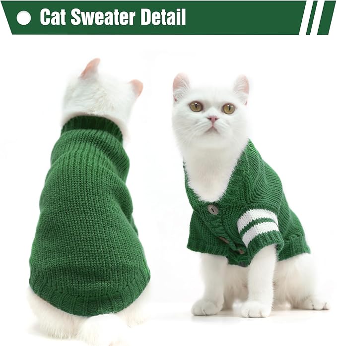 EXPAWLORER Cat Sweater Cardigan - Stylish Knitted Cat Clothes, British Style Soft Puppy Sweater with Sleeve Warm Pet Clothing Knitwear, Fall and Winter Kitten Coat for Girl Boy Cats, Green Large