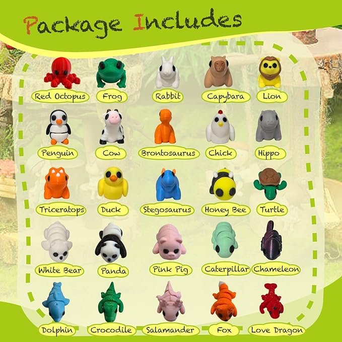 25pcs Mini Animals Figures,3D Printed Animals and Flexible Joints Fidget Toys, Small Animal Figurines Fit Fidget Toy Set,Pocket Pets,Birthday fillers, Teen Reward Gifts(25PC)