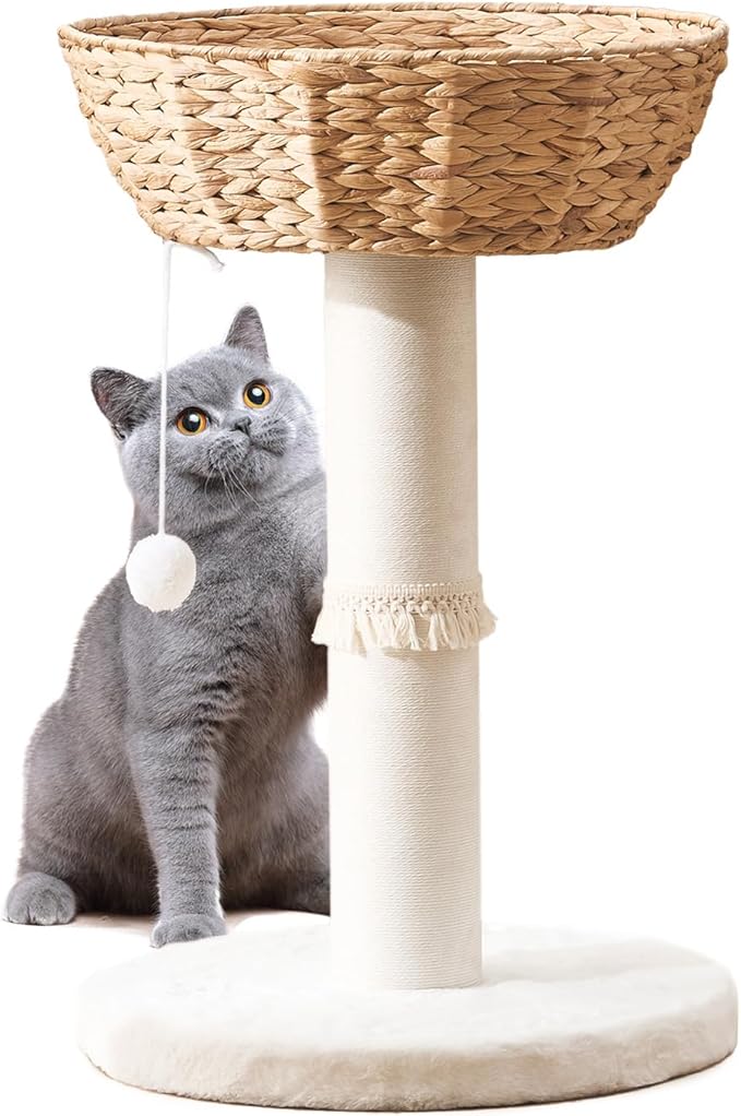 Cat Tree Tower, Natural Material Cat Condo with Handwoven Nest Basket Bed, Cotton Scratching Post, Funny Hanging Toy Ball, 2 Sides Cushion Top Perch, Water Hyacinth