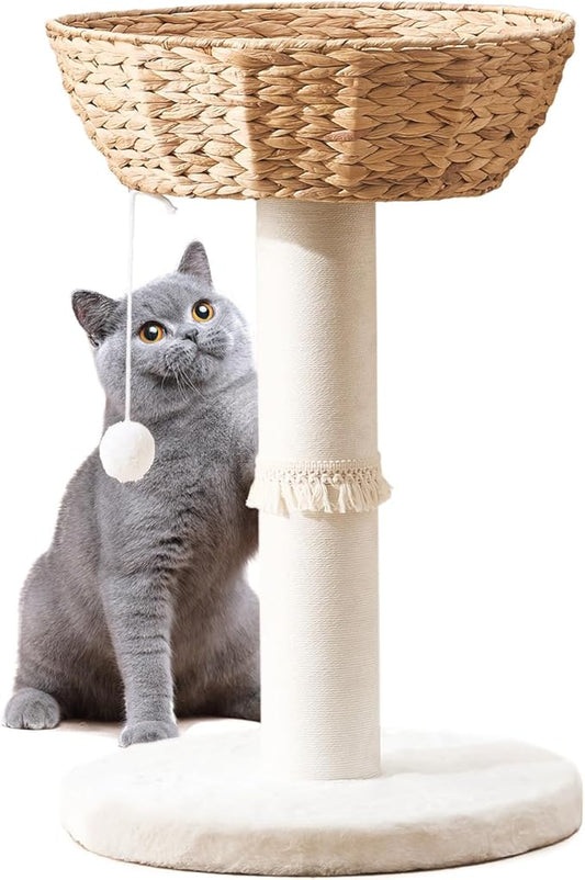 Cat Tree Tower, Natural Material Cat Condo with Handwoven Nest Basket Bed, Cotton Scratching Post, Funny Hanging Toy Ball, 2 Sides Cushion Top Perch, Water Hyacinth