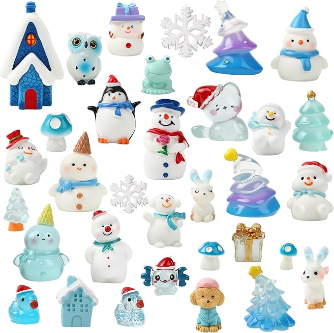 56 Pcs Winter Mini Resin Animals, Winter Miniature Blue Figures Tiny Resin Snowman Penguin Snowflake Duck Elk Christmastree for DIY Winter Snow Globes Crafts Fairy Garden Home Decor