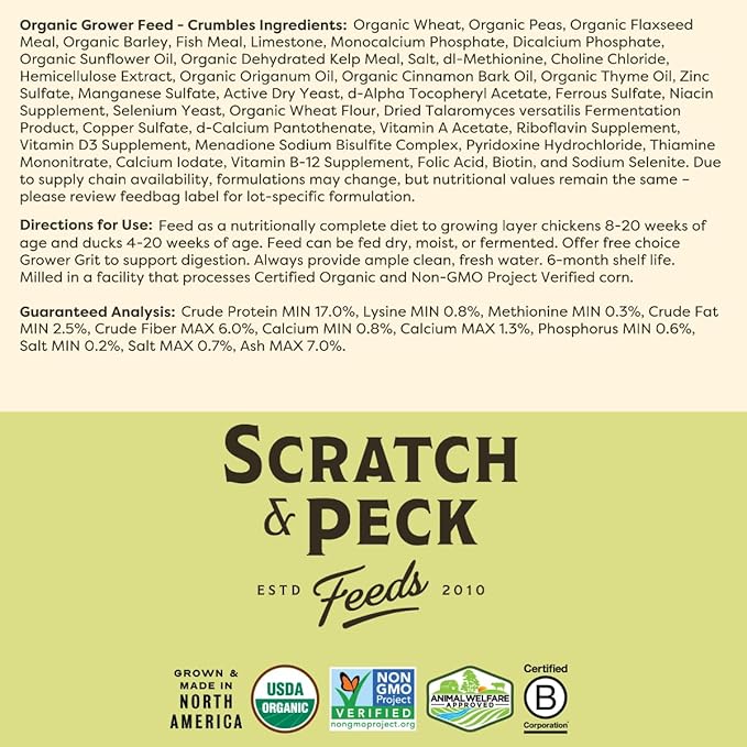 Scratch and Peck Feeds Whole Grain Grower Crumbles Chicken and Duck Feed - 25 lbs Bag - Corn-Free and Soy-Free - 17% Protein, Certified Organic and Non-GMO Project Verified Chicken Food