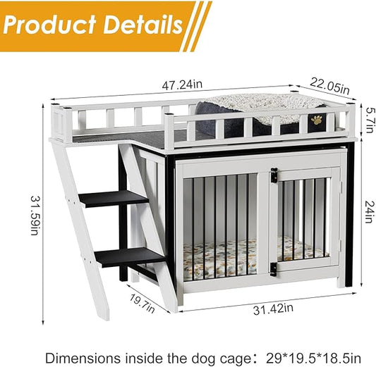 PakaLife Loft-Style Dog Crate Furniture with Double Doors, Heavy Duty Dog Kennel Indoor for Medium and Large Dogs, Wooden Pet House with Multi-Purpose Blanket and Fluffy Dog Bed