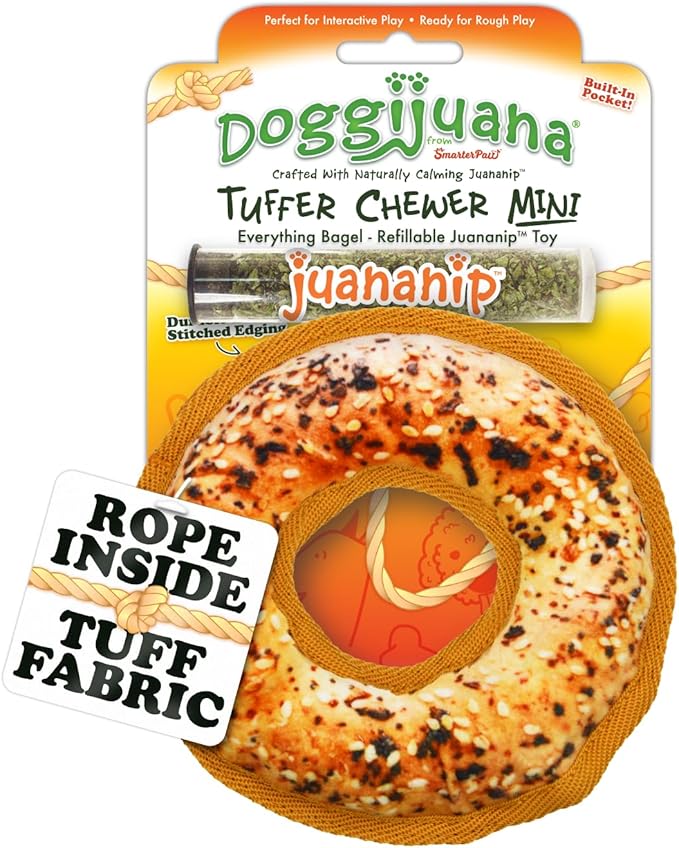 Doggijuana Tuffer Chewer Mini Plush Dog Toy | Funny Dog Toy Plush with Juananip Catnip for Dogs | Calming Aid for Dogs | Interactive Squeaky Chew Toy for Play (Bagel)