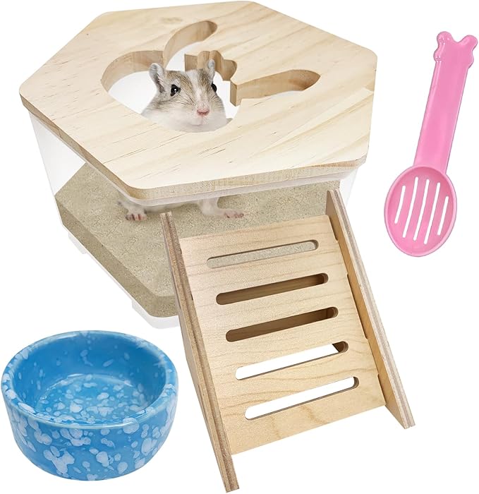 Hamiledyi Hamster Sand Bath Box Transparent Gerbil Digging Sand Container Acrylic Small Dwarf & Syrian Hamster Shower Bathtub with Climbing Ladder Bowl and Scoop Cage Accessories for Lemmings (Bunny)