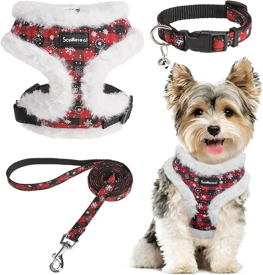 SCENEREAL Dog Christmas Harness Collar and Leash Set, Warm Fleece No Pull Puppy Vest Harnesses No Chock Adjustible Step in Small Pet Halter for Outdoor Walking Training, Black Red Plaid XS